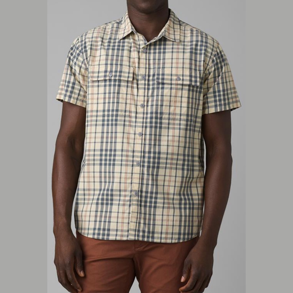 Prana Kirkwood Button Up Shirt Men’s Medium Plaid Yellow Chest Pockets Back Vent
